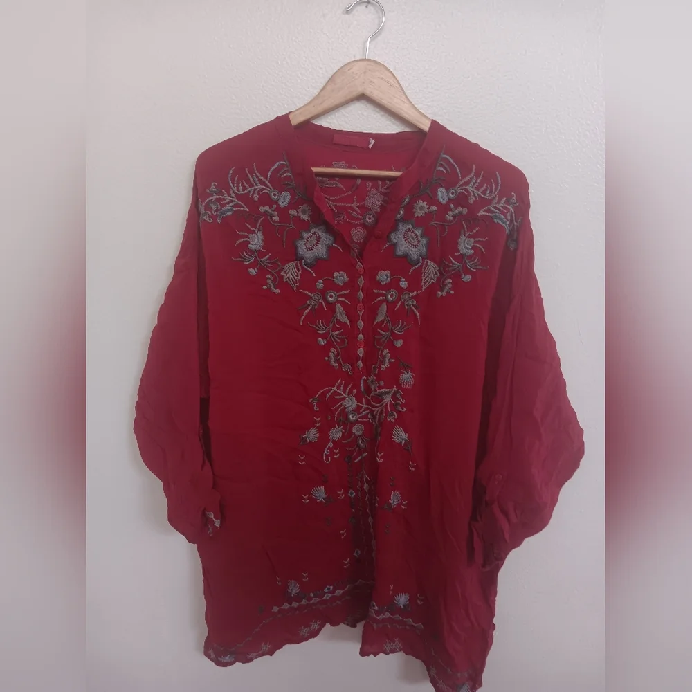 Johnny Was Crinkle Embroidered Floral Blouse - Picture 3 of 9